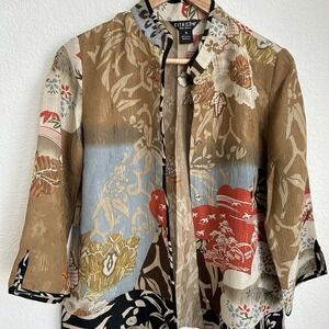 Citron Santa Monica Kimono Blouse Women's S Asian Floral Bird Top Silk Blend